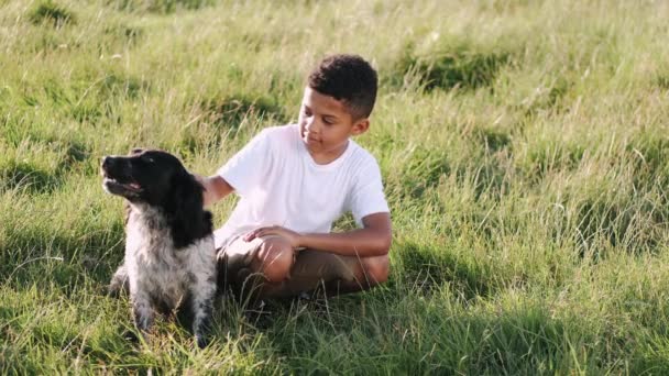 Afrikaanse jongen met hond zittend in het gras bij zonsondergang — Stockvideo