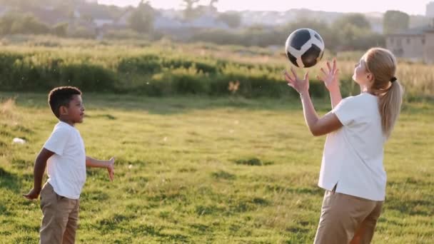 Mor och son leker med en boll på ett sommarfält — Stockvideo