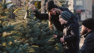 Küçük oğlu olan ebeveynler Noel ağacını piyasadan seçiyor.