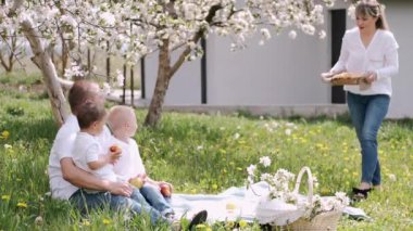 Anne dışarıda aile pikniğine ev yapımı kek taşıyor.