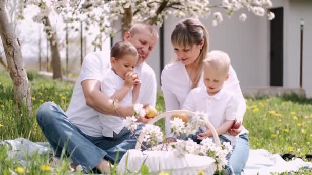 Retrato de pais com dois filhos pequenos fazendo piquenique — Vídeo de Stock