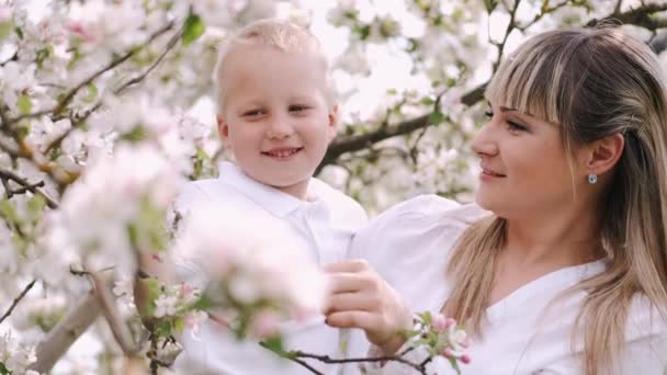 Мати і маленький син стоять біля квітучого дерева в селі — стокове відео