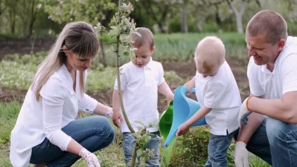村に木を植える両親と2人の息子 — ストック動画