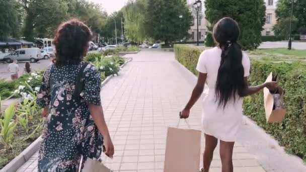 Portrét krásné mladé černošky s nákupními taškami — Stock video