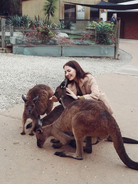 Woman in the reserve is playing with a kangaroo — Stock Photo, Image