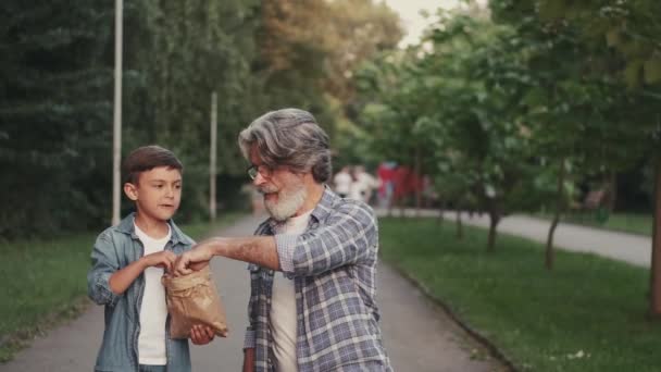 Petit-fils et grand-père mangeant une collation dans un parc — Video