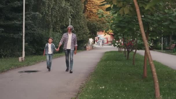 Hippie grandfather and boy walking in the park holding hands — Stock Video