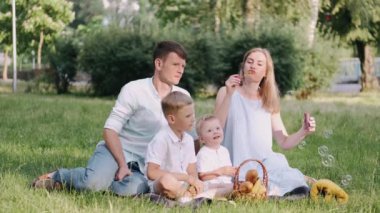 Mutlu aile parkta piknikte.