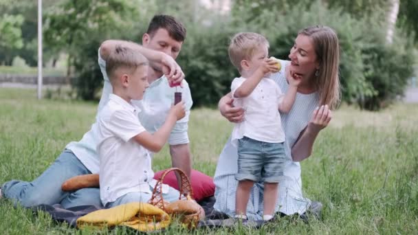 Père et mère sont dans le parc avec deux fils — Video