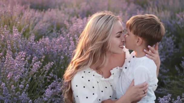 Piękna matka z dzieckiem na polu lawendowym o zachodzie słońca — Wideo stockowe