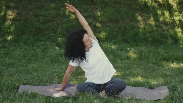 Yo Middle aged woman doing yoga early in the morning in a park