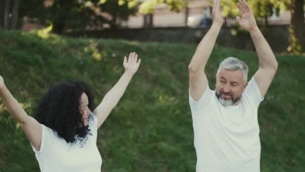 Middle aged Man and woman doing gymnastics outside — Stock Video