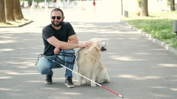 Blind skäggig man med käpp och labrador sitter på trottoaren i parken — Stockvideo