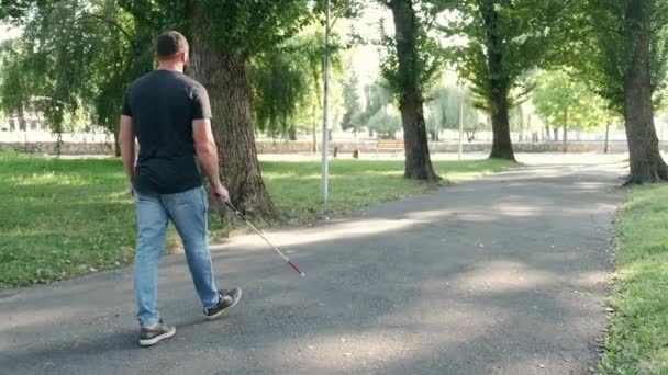 Młody niewidomy spacerujący po parku — Wideo stockowe