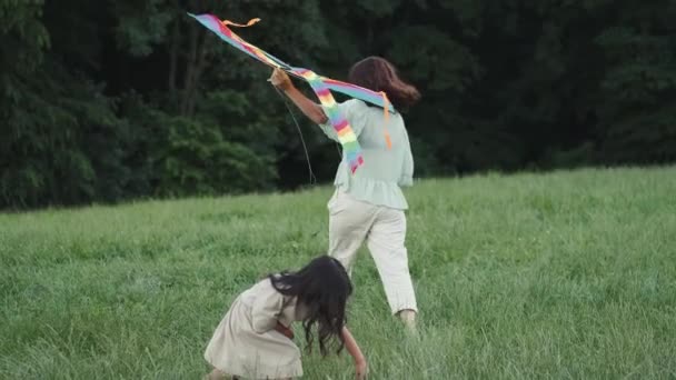 Feliz madre e hija caminando con cometa en el césped — Vídeo de stock