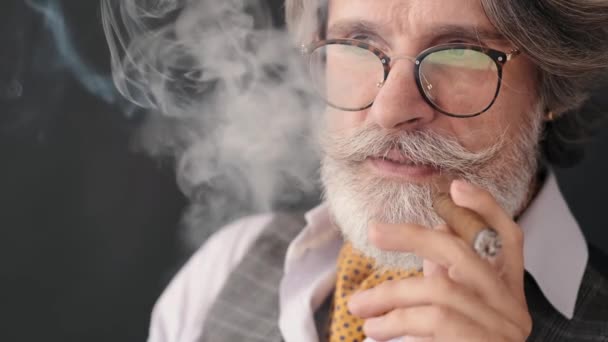 Homem sênior brutal de smoking segurando vidro com uísque e charuto para fumar — Vídeo de Stock