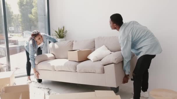 Африканський чоловік і жінка замінюють диван у новій сучасній квартирі. — стокове відео