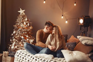 Noel ağacının yanında oturan zarif bir çift.