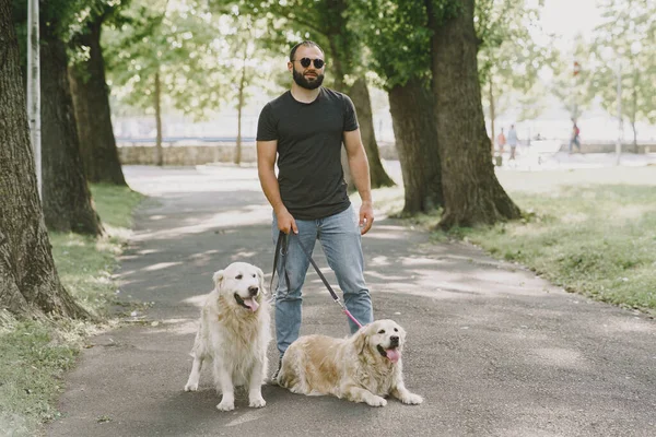 Blind man with guide dog in a summer city