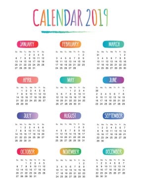 2019 Takvim hafta Pazar günü beyaz arka planda başlayan ile çizim vektör doodle
