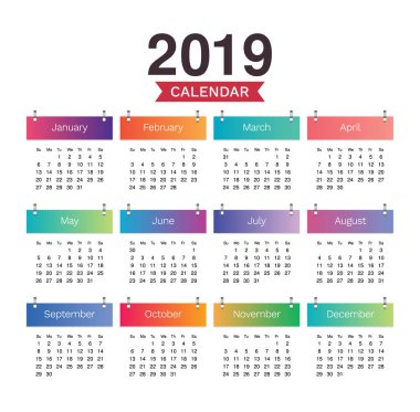 Masa Takvimi 2019. Basit renkli en az zarif Masa Takvimi