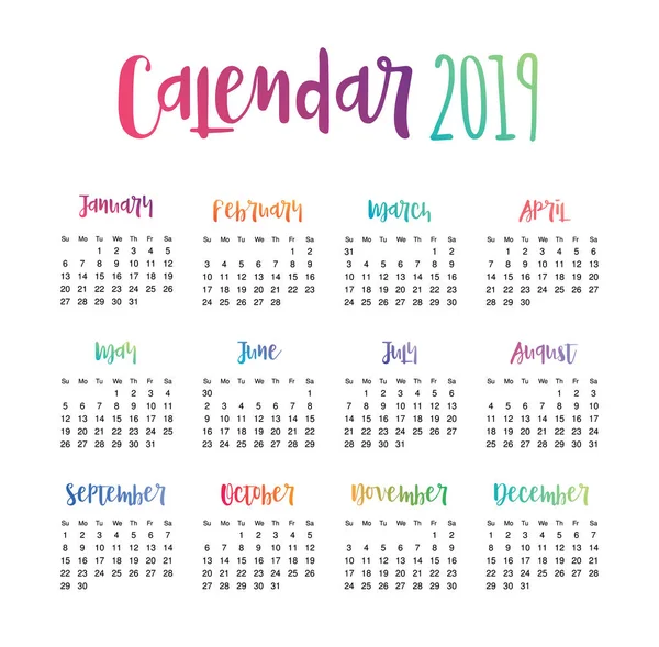 Plantilla Calendario Escritorio 2019 Simple Colorido Mínimo Elegante Calendario Escritorio — Vector de stock