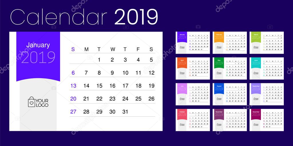 2019 Desk Calendar. Simple Colorful Gradient minimal elegant desk calendar template 