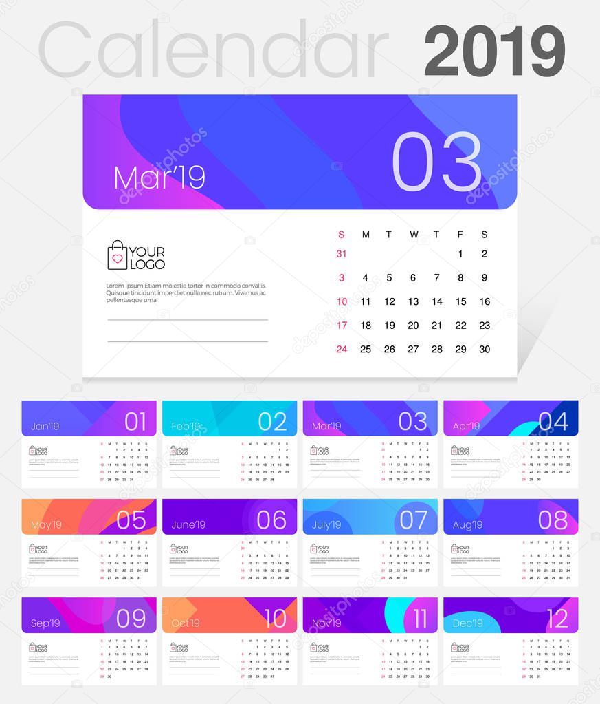 2019 Desk Calendar. Simple Colorful Gradient minimal elegant desk calendar template in white background