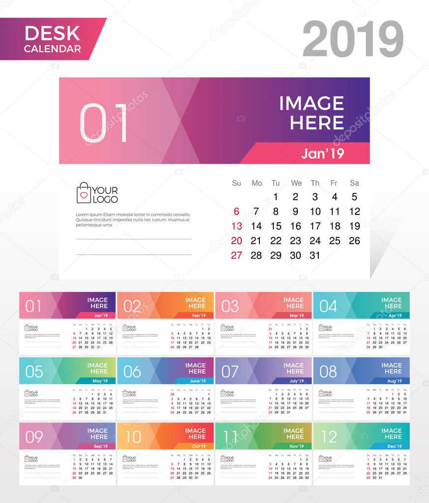 Desk Calendar 2019. Simple Colorful Gradient minimal elegant desk calendar template in white background