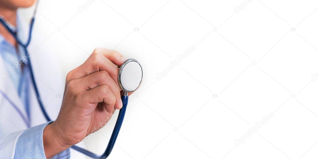 Close up of a Doctor's hand, holding a stethoscope outstretched towards the viewer