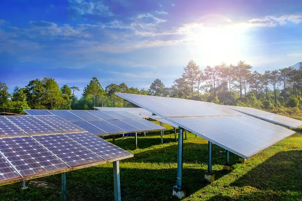 Paneles de células solares que generan electricidad en el sol de la mañana —  Fotos de Stock