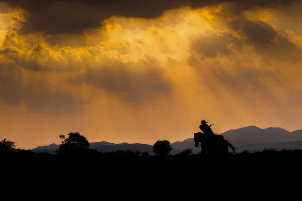 Silhueta de vaqueiro em um cavalo durante o pôr do sol agradável — Fotografia de Stock