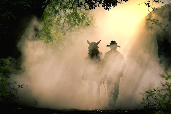 A sziluettje a cowboy és a ló reggel sunris — Stock Fotó