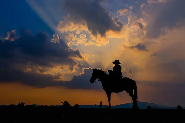 Mężczyzna w kowbojskim stroju ze swoim koniem — Zdjęcie stockowe