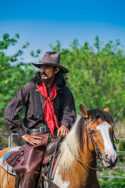 Asian Man Cowboy está pegando um bezerro para ser marcado em um rancho — Fotografia de Stock