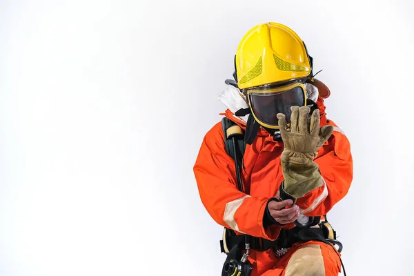 Firefighters Wearing Firefighting Clothing White Background Helps Prevent Fire — Stock Photo, Image