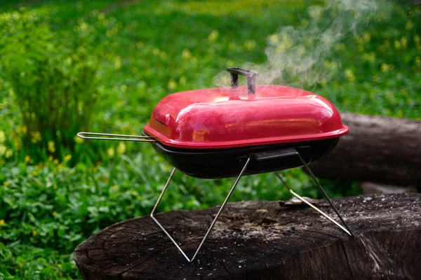 Charcoal BBQ Barbecue Grill  on garden Background. Portable Grillware. Outdoor Cooking Station