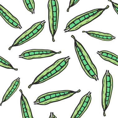 Vejetaryen yiyecekler. El çekilmiş yeşil bezelye seamless modeli. Vektör vintage sebze çizim. Sarma için kağıt, sokak festivali, çiftçilere piyasa, ülke adil, Dükkanı, menü, kafe, Restoran