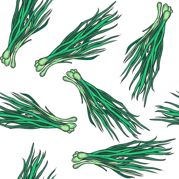 Nourriture Végétarienne Oignon Vert Dessiné Main Motif Sans Couture Illustration — Image vectorielle
