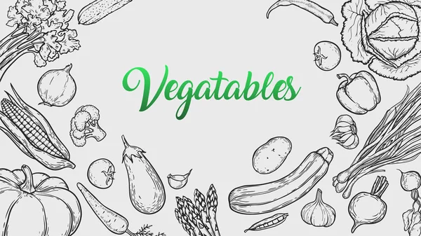 Fundo Vegetariano Com Legumes Orgânicos Desenhados Mão Ilustração Vintage Vetorial — Vetor de Stock