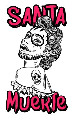 Meksikalı ÖIüler günü. Santa muerte kız vektör çizim. Geleneksel Meksika Cadılar Bayramı dia de los muertos parti tatil. Dekorasyon afiş davet 