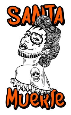 Meksikalı ÖIüler günü. Santa muerte kız vektör çizim. Geleneksel Meksika Cadılar Bayramı dia de los muertos parti tatil. Dekorasyon afiş davet 
