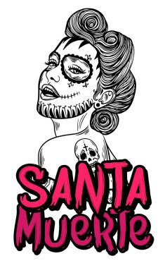Meksikalı ÖIüler günü. Santa muerte kız vektör çizim. Geleneksel Meksika Cadılar Bayramı dia de los muertos parti tatil. Dekorasyon afiş davet 