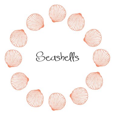 Vektör çelenk el ile deniz kabuklarını çizilmiş. Deniz arka planda oyulmuş tarzı. Sualtı vektör çizim kabukları ile el çekilmiş.