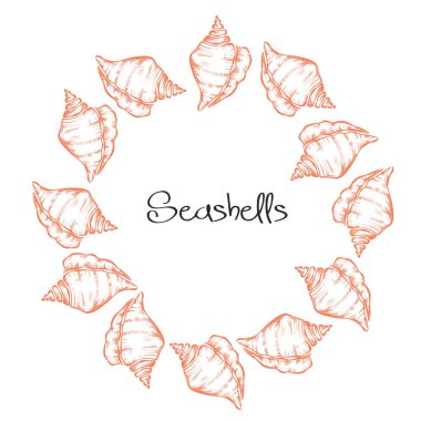 Vektör çelenk el ile deniz kabuklarını çizilmiş. Deniz arka planda oyulmuş tarzı. Sualtı vektör çizim kabukları ile el çekilmiş.