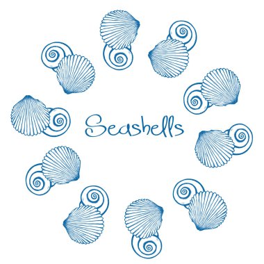 Vektör çelenk el ile deniz kabuklarını çizilmiş. Deniz arka planda oyulmuş tarzı. Sualtı vektör çizim kabukları ile el çekilmiş.