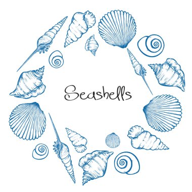Vektör çelenk el ile deniz kabuklarını çizilmiş. Deniz arka planda oyulmuş tarzı. Sualtı vektör çizim kabukları ile el çekilmiş.