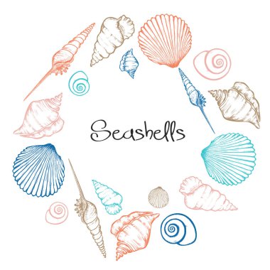 Vektör çelenk el ile deniz kabuklarını çizilmiş. Deniz arka planda oyulmuş tarzı. Sualtı vektör çizim kabukları ile el çekilmiş.