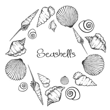 Vektör çelenk el ile deniz kabuklarını çizilmiş. Deniz arka planda oyulmuş tarzı. Sualtı vektör çizim kabukları ile el çekilmiş.