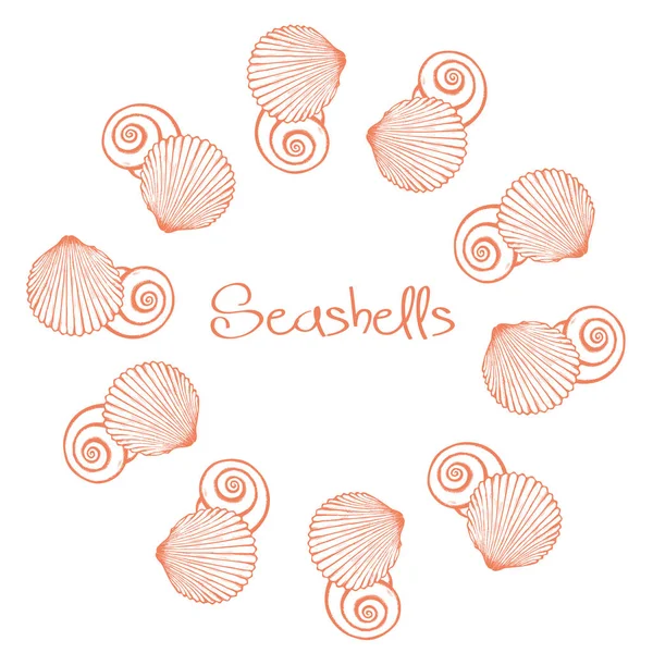 stock vector Vector wreath with hand drawn seashells.  Marine background in engraved style. Hand drawn underwater vector illustration with seashells.